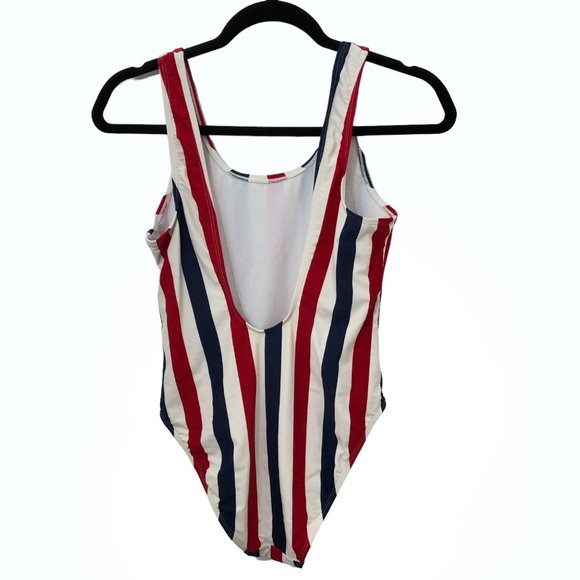 Cabana del Sol Red White Blue Striped Low Cut Back Sleeveless One Piece Swimsuit - Picture 2 of 5